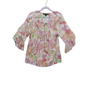 Zac & Rachel Gauzey Floral Smocked Peasant Blouse in Pink, Peach & Green Sz S